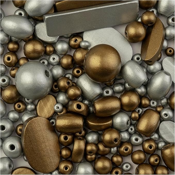 John Bead 90g Craft Beads Silver and Gold Wood Beads with Elastic Nylon Cord