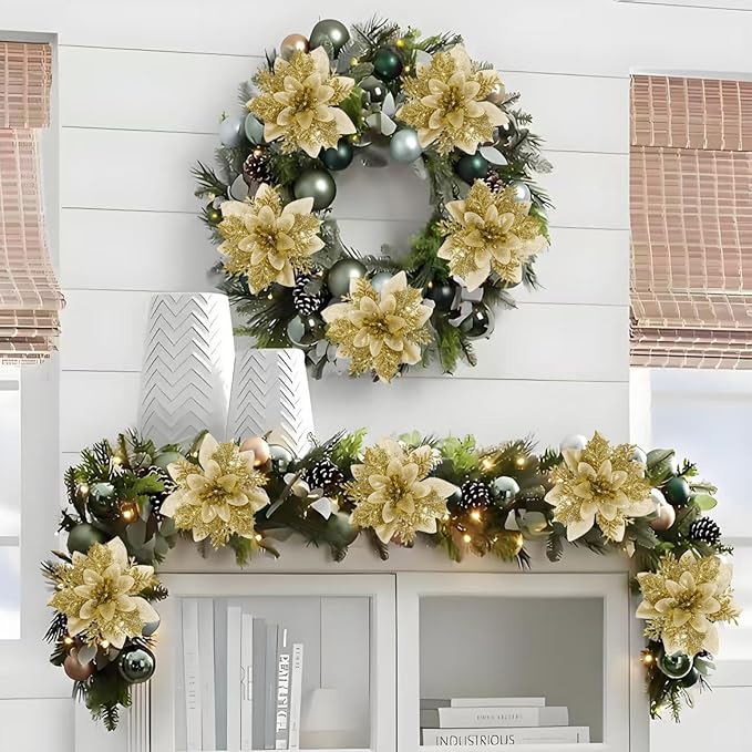 24 PCS Poinsettia Flower Artificial Gold Christmas Flowers Artificial 5.5'' Glitter Poinsettias Artificial Christmas Tree Flower with Clips DIY Xmas Wreath Holiday New Year Home Party Decor