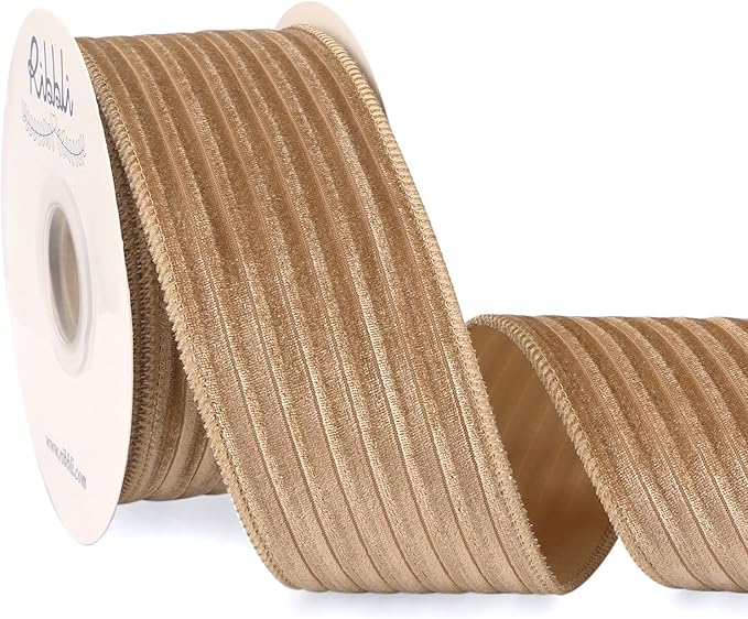 Ribbli Glossy Khaki Velvet Wired Ribbon 2.5 Inch Striped Velvet Christmas Ribbon for Gift Wrapping Christmas Tree Decoration Crafts Wreaths Supplies-Continuous 10 Yards