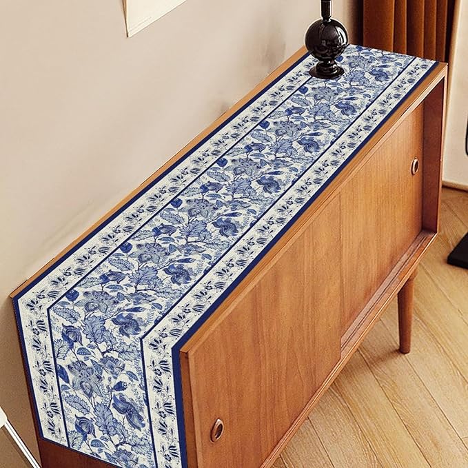 Blue Floral Table Runner, Rustic Vintage Paisley Floral Retro Boho Art Linen Coffee Table Center Decor for Family Kitchen Farmhouse Holiday Party Table Decorations Indoor Outdoor 13x108 inch