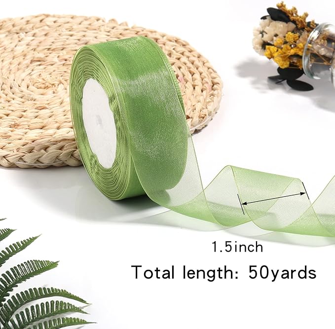 1.5 inch Sheer Organza Ribbon Sage Green Chiffon Ribbon for Gift Wrapping Christmas Halloween Decoration Wedding Flower Bouquet Crafts 50 Yards