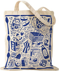 Aesthetic Canvas Tote Bag with Pattern for Women, Funny Groovy Blue Doodle Western Food Art Style Design, Casual Cloth Cotton Totes Bag for Vacation, Shopping, Grocery, Gym