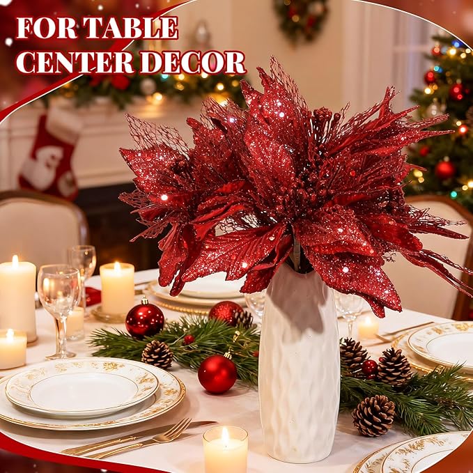 Yerliker 108 Pcs Red Glitter Christmas Picks and Sprays, 12 Styles Artificial Christmas Floral Berry Branches Flowers Stems for Xmas Tree Ornaments Wreath Garland DIY Vase Holiday Party Decor