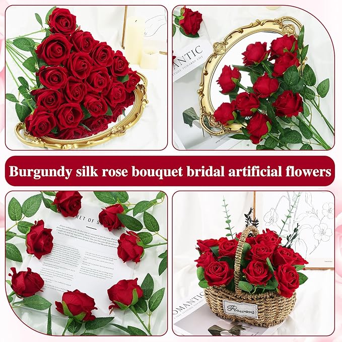 80 Pcs Roses Artificial Flowers, Silk Crimson Burgundy Artificial Flowers Petals Long Stem Roses for Wedding Bouquet Home Party Decor