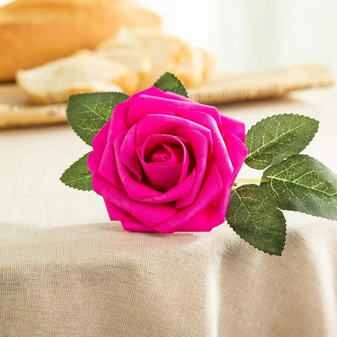 25pcs Artificial Flower Foam Rose Real Touch Roses Flower Heads with Stem for DIY Wedding Bouquets Centerpieces Arrangements Party Baby Shower Home Decor (Hot Pink)