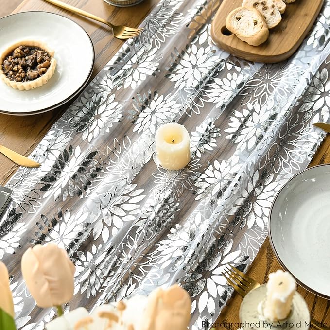 Artoid Mode 3PCS White Silver Dahlia Flower Gauze Table Runner 120 Inch 10FT, Glitter Metallic Foil Seasonal Sheer Dining Holiday Table Decor for Home Party