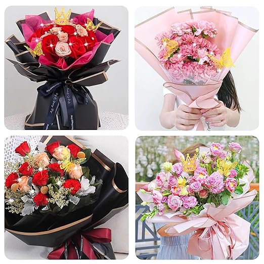 Woohome 106 PCS Flower Wrapping Paper Bouquet Wrapping Paper Sheets Waterproof Floral Wrapping Paper with Diamond Pins Ribbons Wishes Cards, DIY Floral Paper for Flower Shop