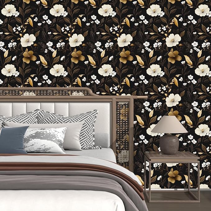 Black Gold Floral Wallpaper Peel and Stick 17.4" X 118" Golden Leaf Small Flower Contact Paper Floral Pattern Removable Self Adhesive Covering for Bedroom Cabinet Bathroom Home Decor Black Dark