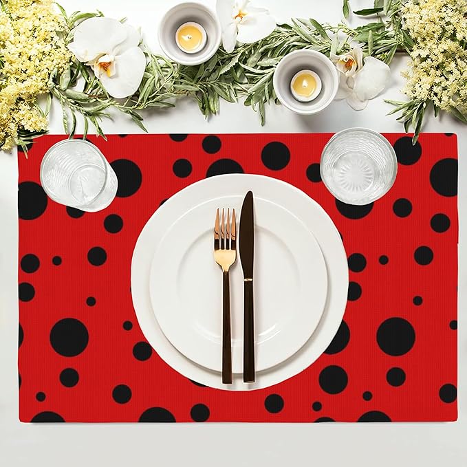 Black Spots Placemats Set of 4, 12x18 Inch Non-Slip Washable Heat Resistant Linen Fabric Table Mats,Place Mats for Holiday Party