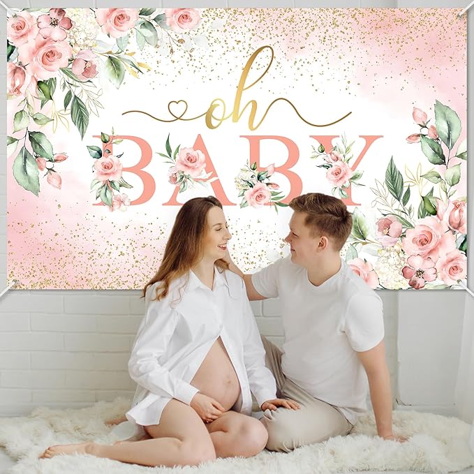 Mocsicka Oh Baby Backdrop Banner Girl Baby Shower Background Pink Floral Oh Baby Baby Shower Party Decorations Photo Booth Props (Pink, 6x3.6ft)