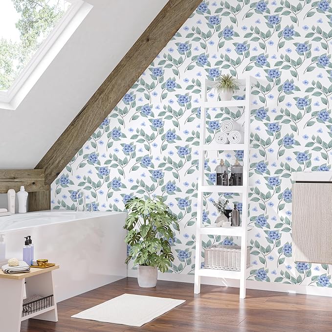 Blue Floral Peel and Stick Wallpaper Boho Hydrangea Floral Contact Paper for Cabinets Drawers 17.7"x160" Prepasted Watercolor Flower Wall Paper Blue and White Botanical Wallpaper for Bedroom