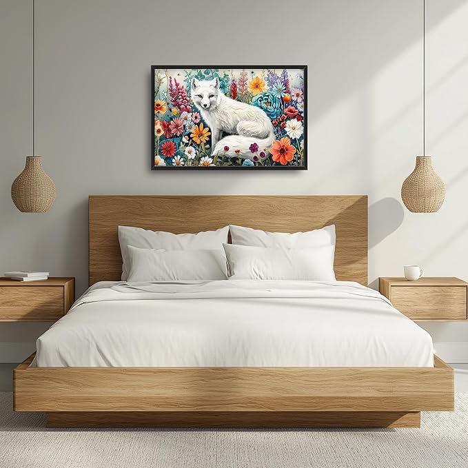 Framed Large Pictures Wall Art for Living Room, White Fox Oversized Wall Decor Animal Floral Canvas Print Painting Modern Extra Large Framed Artwork for Bedroom Office 36"x24"