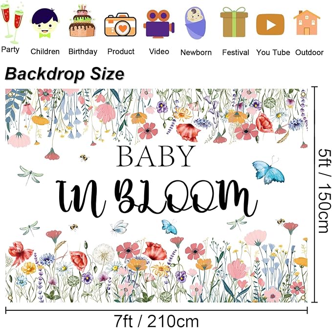 Baby in Bloom Backdrop 7x5ft, Floral Baby Shower Background for Girl, Spring Garden Theme Gender Reveal Party Decorations Banner, Wildflower Butterfly Baby Shower Photo Booth Photography
