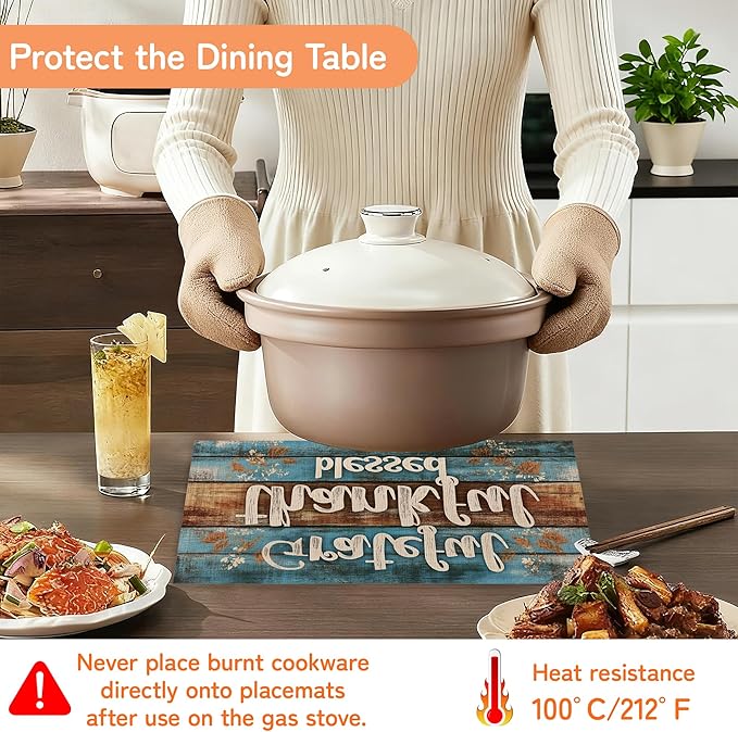 Grateful Thankful Blessed Placemats Set of 6,Wood Grain Dinner Table Mats Non-Slip Washable Mats for Kitchen Dinner Party Tablemat 12x18Inch