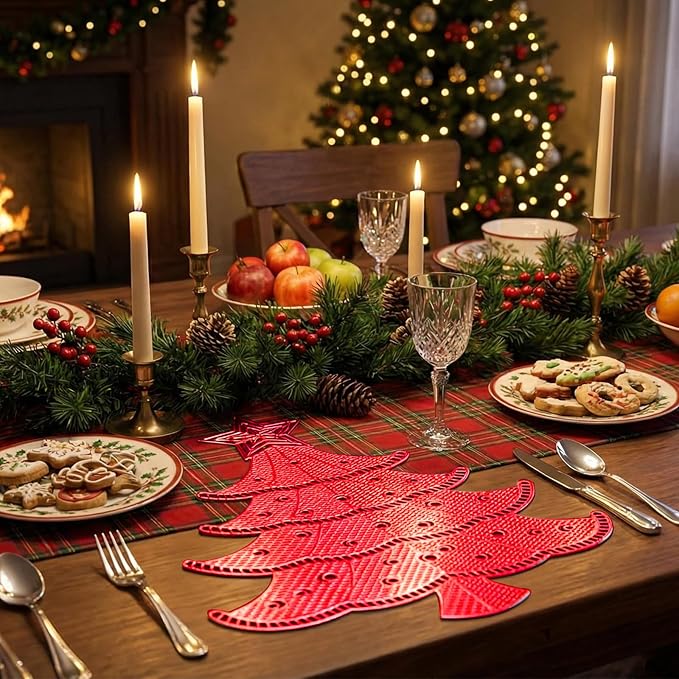 Lot of 6 Christmas Placemats, Placemats Decorations Table Mats Hollow Out Vinyl Place Mats for Dining Table Setting Kitchen Table Mats Christmas Decoration (Red Christmas Tree)