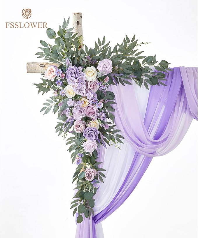 Wedding Arch Flowers with Drapes Kit (Pack of 5) - 2pcs Artificial Lilac Deluxe Swag with 3pcs Sheer Drapes for Wedding Ceremony Backdrop Rose Floral Decoration Arbor Reception