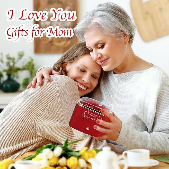 Preserved Roses Jewelry Box with Heart Necklace - Eternal Rose & ‘I Love You Always & Forever’ Engraving - Luxury Gift for Mom, Wife, or Grandma on Mother’s Day