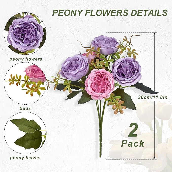 MARTINE MALL 2 Packs Peonies Artificial Flowers, Dark Pinkish-Purple Artificial Peonies, Silk Peonies Flowers Fake Peonies Artificial Flowers Peonies Bouquet for Centerpiece Table Wedding Home Decor