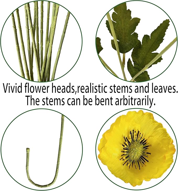 ATFL Yellow Poppy Flowers Artificial for Wedding Decorations,12 Pcs Fake Faux Silk Poppies Bulk for Home Decor Table Centerpieces Floral Arrangement(23.5‘’, Yellow)