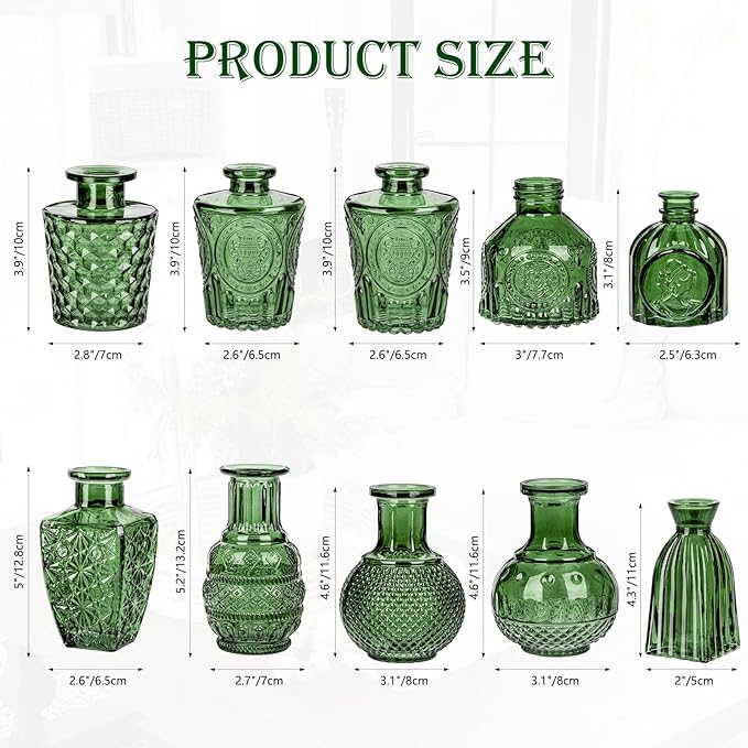 Glass Bud Vases Set of 10, Small Flower Vase in Bulk for Centerpieces, Mini Vintage Peacock Green Vases for Rustic Wedding Vintage Home Table Decor