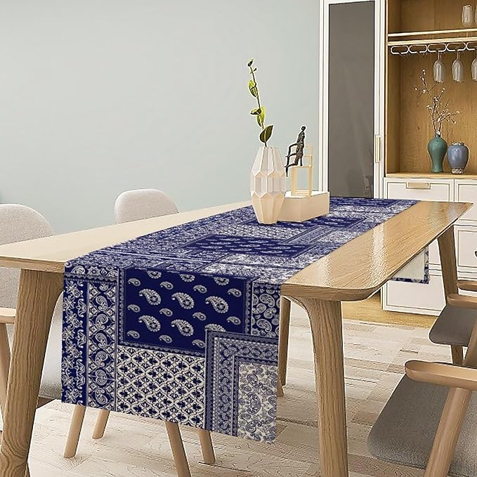 Boho Patchwork Table Runner, Blue White Bohemian Paisley Floral Vintage Farmhouse Table Runner for Kitchen Dining Home Party Holiday, 13x120 Inch