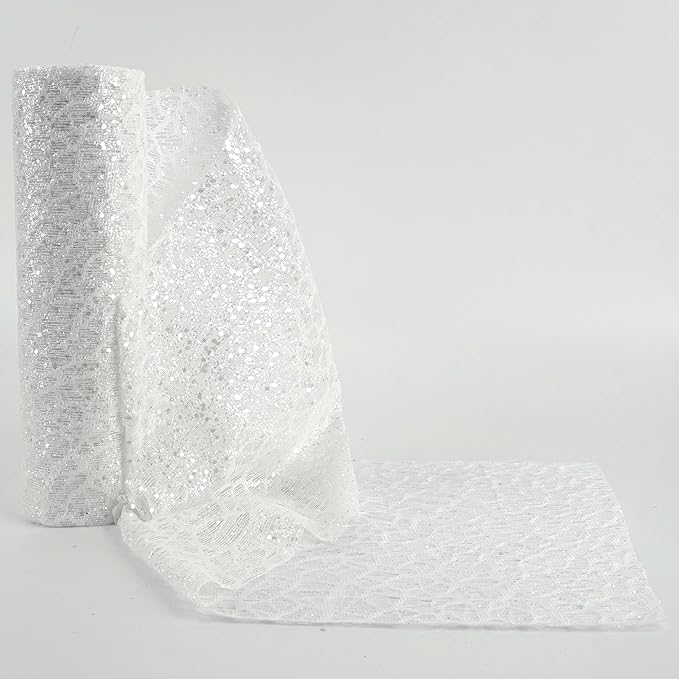 MEEDEE White Glitter Mesh Web Ribbon 10 Inch Wide by 10 Yards Roll White Fabric Ribbon Decorative Mesh Ribbon for Christmas Tree, Garland, Wreaths, Bows, Holiday Crafts, Home Decor