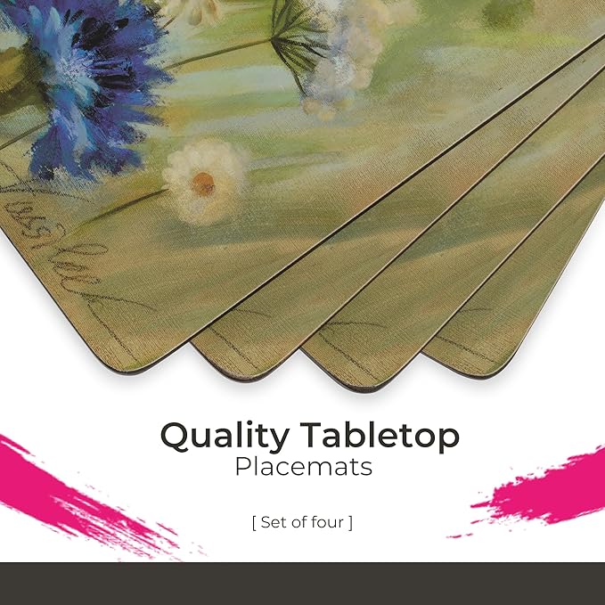 Pimpernel Fleurs des Champs Collection Placemats & Coasters Set (15.7" x 11.7") – Blue & White Cornflower Pattern on Cork-Backed Boards, Heat & Stain Resistant Dining Mats with Lacquered Finish