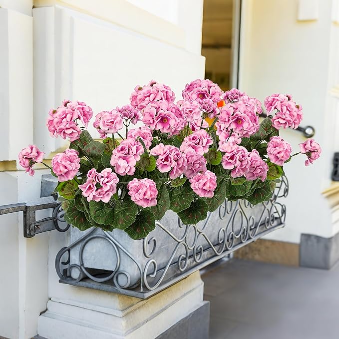 Plastic Flowers for Outdoors Home Decor Fake Plants Artificial Flowers Artificial Geraniums Outdoor Fake Flowers Silk Bouquet, Fall Decor for Interior Porch Garden Decor14.4 (Pink) 8PCS
