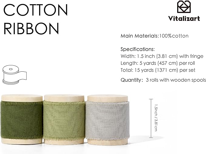 Vitalizart Sage Green Ribbon 1-1/2" x 15 Yd 100% Cotton Handmade Frayed Fringe Fabric Incanus Ribbons for Gift Wrapping Wedding Invites Bridal Shower Bouquets Christmas Decorations