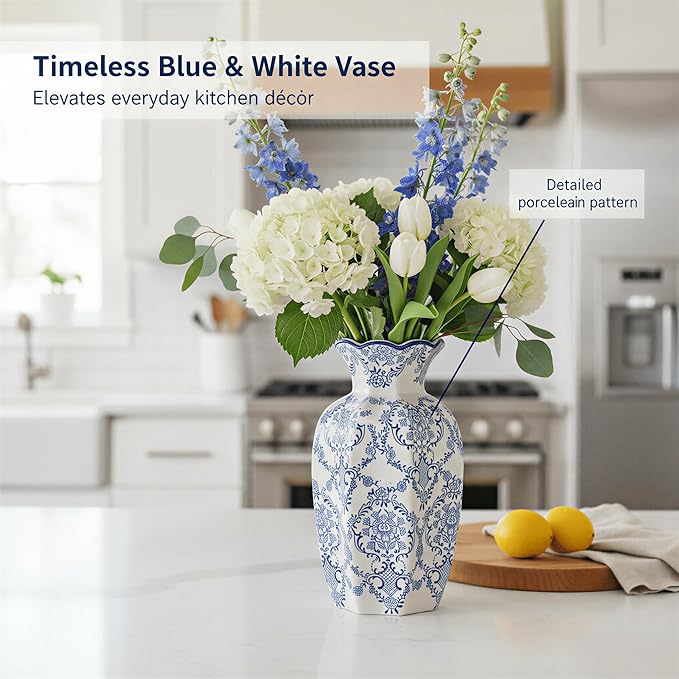 9.5-Inch Blue & White Rustic Vintage Ceramic Vase, Aesthetic Farmhouse Pottery Decor for Living Room, Dining Room & Office