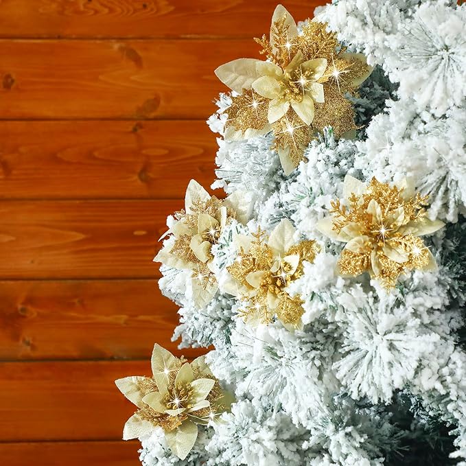 Geosar 36 Pcs Christmas Glitter Artificial Poinsettia Flowers Xmas Poinsettia Artificial Wedding Flowers Decorations Xmas Tree Ornaments with Clips for Party, 6 Inch, 4 Inch, 3 Inch(Gold)