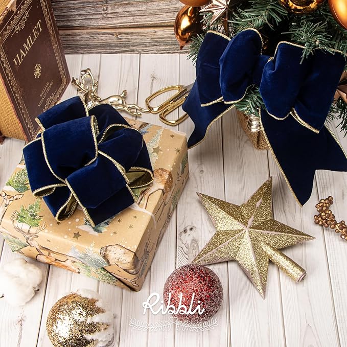 Ribbli Navy Velvet Wired Ribbon 4 Inch Luxury Matte Velvet Christmas Ribbon for Gift Wrapping Christmas Tree Decoration Crafts Wreaths Supplies - 10 Yards
