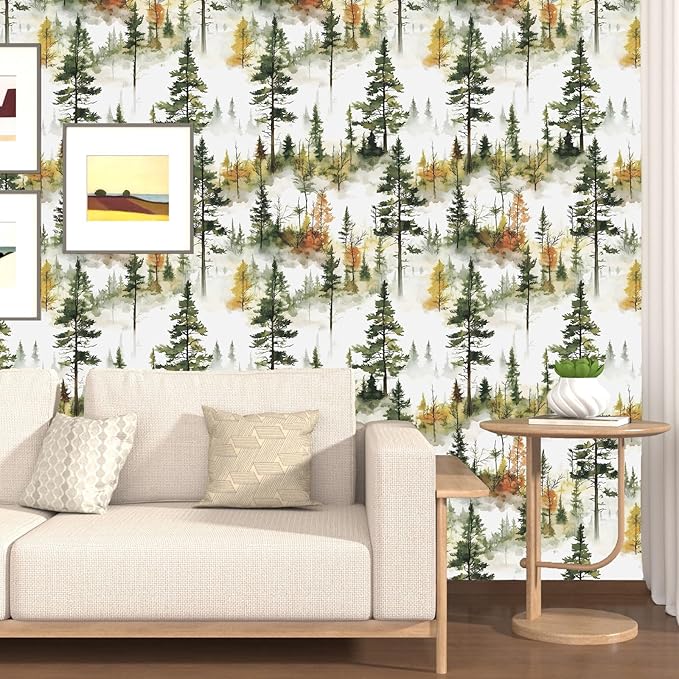 Autumn Forest Wallpaper Peel and Stick, Green/Yellow Pine Trees Contact Paper,Woodland Landscape Wall Mural Self Adhesive Waterproof Removable for Bathroom Shelves Cabinet Drawer Table 17.5" x 118"