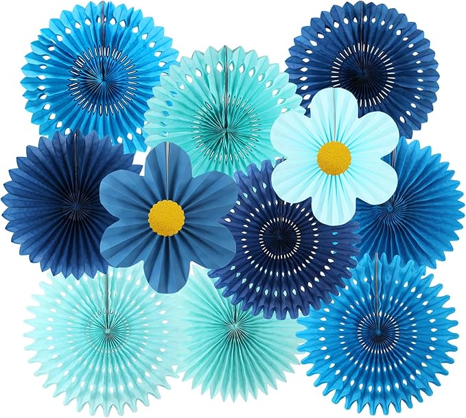 zilue Paper Fans Party Decorations Paper Flowers Decorations for Wall Classroom Floral Backdrop Baby Shower Birthday Party Flower Wall Decor Pack of 11 Blue