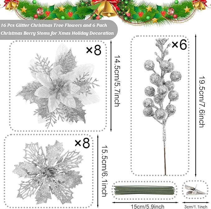Sawowkuya 22 Pcs Silver Christmas Poinsettia Artificial Flowers and Glitter Berries Stems Kit, Christmas Poinsettias Decorations and Christmas Tree Ornaments for Xmas Home Wedding Holiday Tree Decor