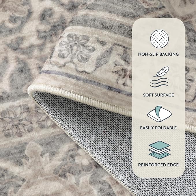 Lahome Oriental Washable Area Rug, 3x5 Soft Rugs for Bedroom Living Room, Ultra-Thin Vintage Non-Slip Throw Carpet for Kitchen Office Entryway, Grey/Brown