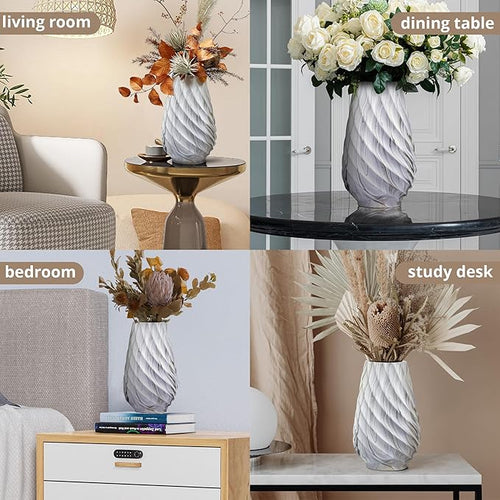 10 inch Tall Ribbed Ceramic Vase for Flowers,Boho Vases for Pampas Grass,Wood Grain Exterior vase,Simple Modern Decorative Vase for Home Decor Table Centerpieces(White)
