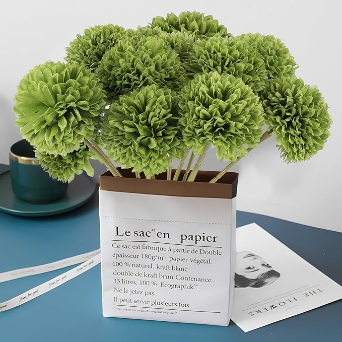 12 Pcs Artificial Chrysanthemums Flowers Green Flowers Silk Fake Mums Flowers for St Patricks Day Outdoor Wedding Table Centerpiece Home Decor (12, Green)