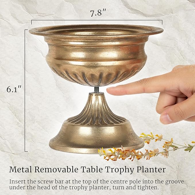 WORTH Small Urn Vases for Centerpieces Set of 2, Classic Metal Trumpet Flower Pots for Table, Bowl Vase for Wedding Party Event Home Deco (Golden, 7.8" Dia x 6.1" H)