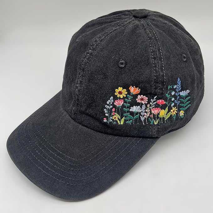 Cute Flower Hat, Elegant Floral Embroidered Adjustable Baseball Cap for Men Women, Gifts for Flower Lovers, Black