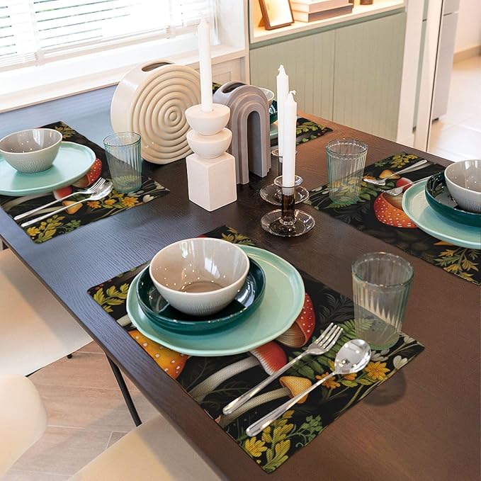 Placemats 4 pcs Mushroom Double-Layer Imitation Linen Place Mats Non-Slip Heat-Resistant Tablemats for Home Restaurant Hotel 18×12 Inch