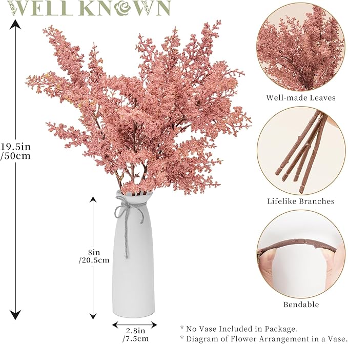 WELL KNOWN 4 Pcs Glitter Artificial Cedar Spray 19.5" Pink Floral Picks Faux Cedar Pine Branches Stems, DIY Pink Floral Arrangements for Home Vase Wedding Wreath Xmas Tree Holiday Decoration & Gift