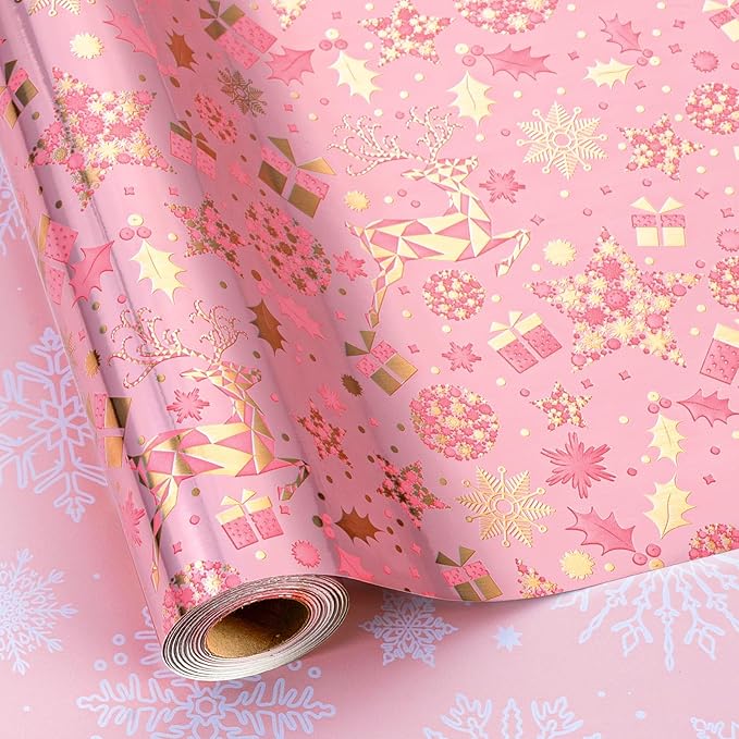 MAYPLUSS Christmas Wrapping Paper Roll - 17 Inch X 33 Feet - Gold Reindeer Star Snowflake Star Reversible HO Gift Wrapping Paper, Thick Wrap Paper for Holiday Party New Year Kids