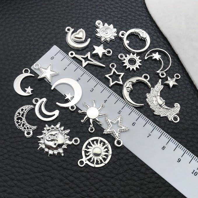 WOCRAFT 60pcs Bright Silver Sun Moon Star Bracelet Charms for Jewelry Making Sets DIY Necklace Bracelet Keychain Crafting Charms Kit Craft Supplies (SN837)