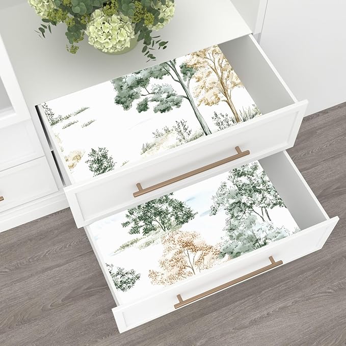 Trees Wallpaper Peel and Stick, White/Green/Yellow Forest Contact Paper, Modern Botanical Landscape Woodland Wall Paper Self Adhesive Waterproof Removable for Shelves Cabinet Drawer Table 17.5" x 118"