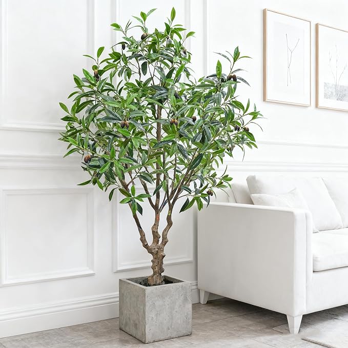 Olive Tree 7.5ft New Large Fruit, New Large Leaves - Artificial Tree, Fake Tree & Faux Tree with Sturdy Base for Indoor Outdoor Office Decor