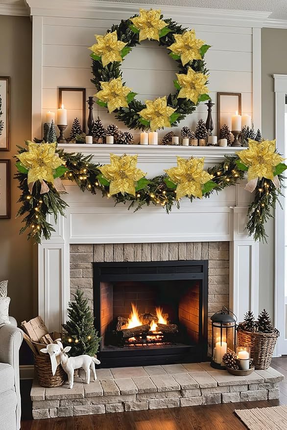 10" Poinsettia Flower Artificial for Christmas Tree Decor, 3 Pcs Faux Glitter Poinsettias Stems for DIY Xmas Wreath & Garland, Christmas Ornaments for Home Party, Holiday & New Year Decorations, Gold