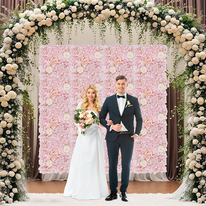 16Pcs Artificial Flower Wall Panel 3D Floral Backdrop Walls13.7 X 13.7" Light Pink Flower Wall Decor Panel Flower Backdrop for Party Home Background Decor