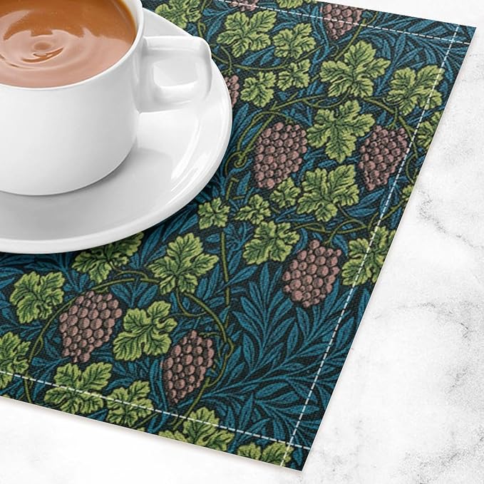 William Morris Vintage Botanical Placemats Set of 4, Retro Grapes Vines Flower Boho Plant Place Mats, Heat Resistant Non Slip Cotton Linen Dining Table Mats for Home Kitchen Party 18x12 Inch
