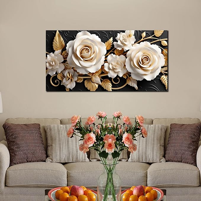 Flower Large Canvas Wall Art for Living Room Bedroom Home Office White and Gold Wall Art Blossom Picture Framed Wall Decor Modern Canvas Prints 20x40 In